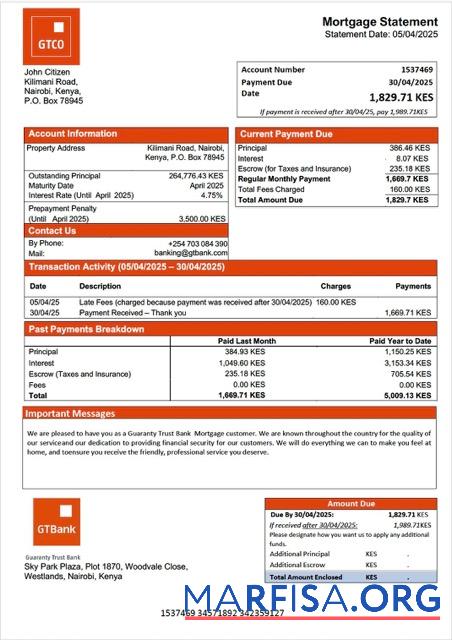 Realistic Kenya Guaranty Trust Bank mortgage statement Word and PDF template